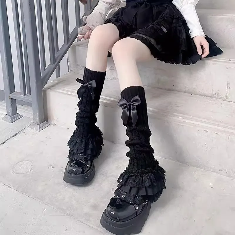 Lolita Slouchy Leg Warmers for Women Ruffled Lace Kawaii Calf Leg Covers Jk Uniform Bowknot Knit Boot Cuffs Sweet Girls Gothic