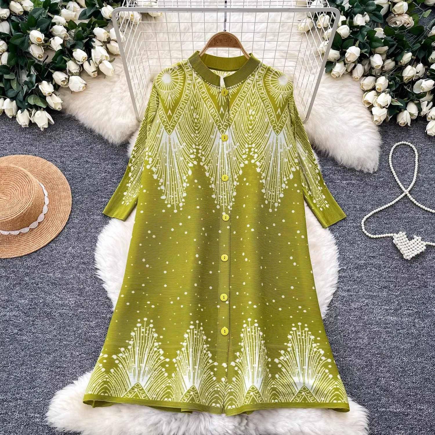 

Summer 2026 Arrival Miyake Fashionable Pleated Dress with Printed Chic Loose Stand Collar Blockcolor Button Up Locked Design