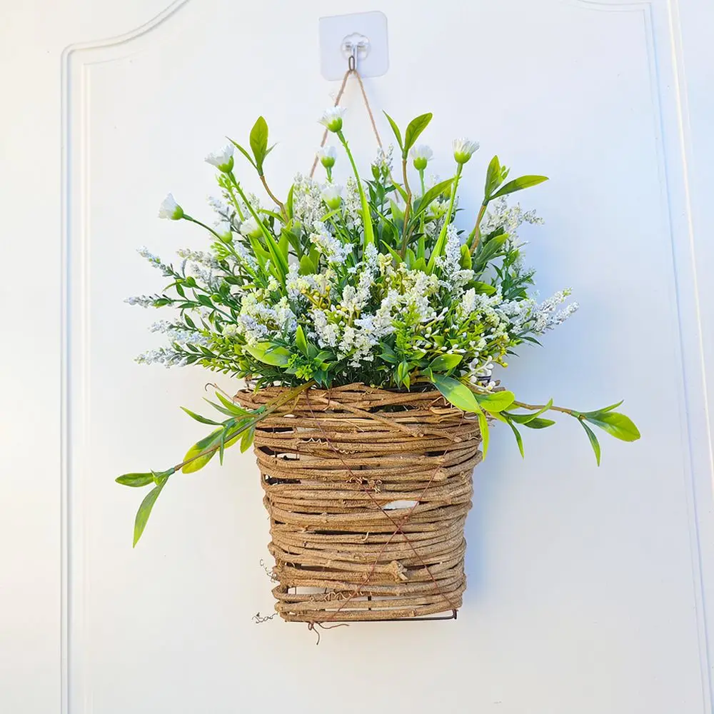 Elegant Floral Door Basket Wicker Rattan Wreath Wildflower White Berry Hanging Decoration For Home Porch Wall Accent
