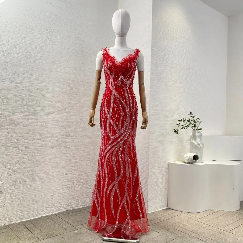 Women's Red Sequins Pressed Slit Hem Sleeveless Deep V Neck Maxi Dresses for Party 2025 Attractive Elegant High Quality