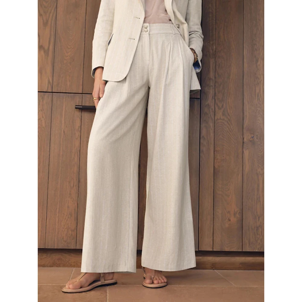 우아한 스트라이프 여성 투피스 수트 세트 싱글 브레스티드 재킷 와이드 레그 팬츠 세트 오피스 연회 웨딩 여성 의류