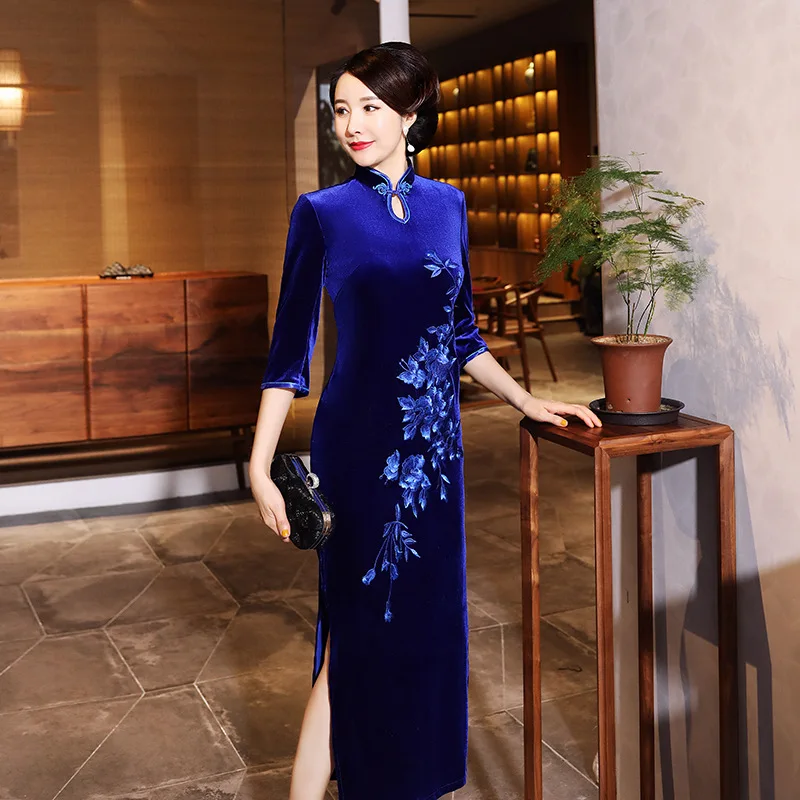 

Новое бархатное ретро улучшенное большое длинное платье с вышивкой Syage Show Cheongsam