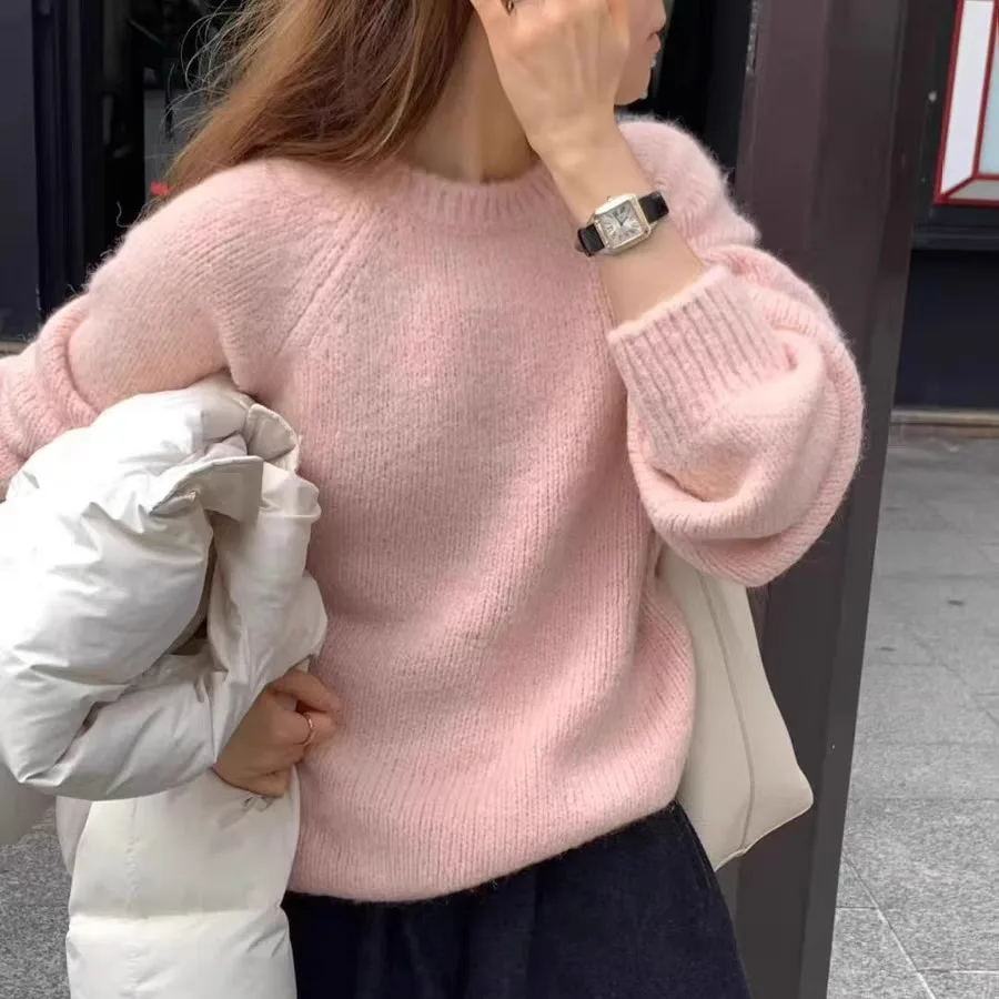 

Розовый свободный крой, круглый вязаный свитер Ne, мягкий матовый однотонный женский повседневный длинный топ све