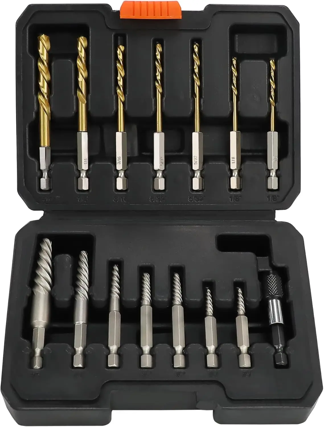 

15PCS Screw Extractor Set, HSS Left Hand Drill Bit, 1/4'' Adaptor, Broken Screw Remover Kit