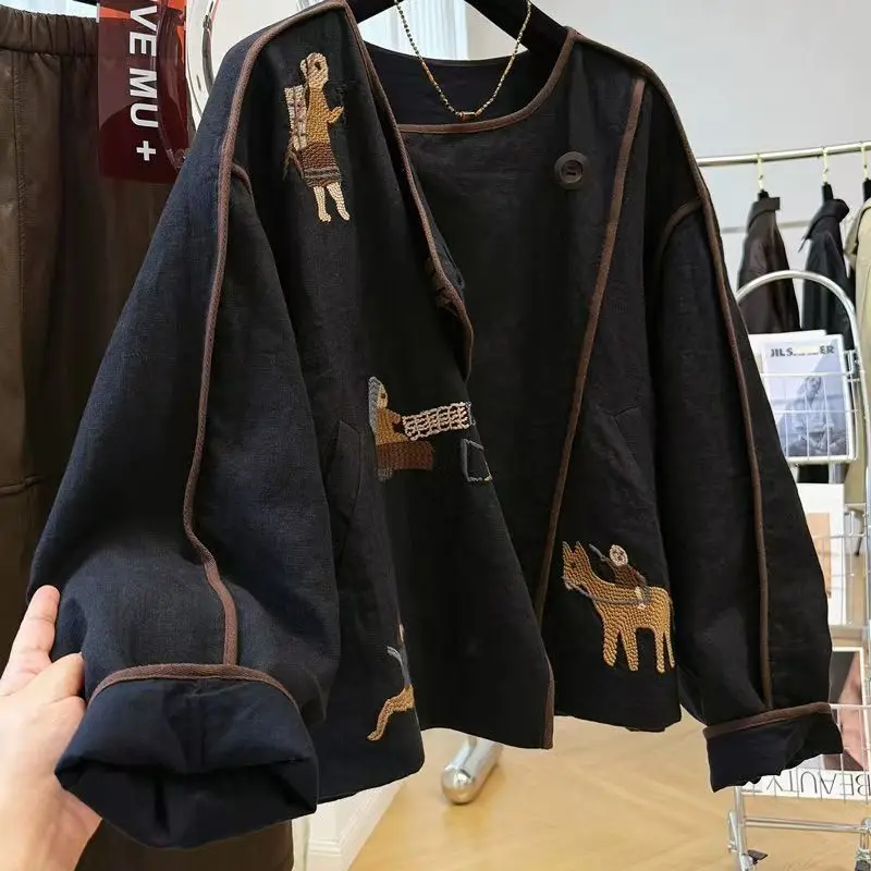 Heavy Embroidery Round Neck Short For Women, Autumn New Loose Versatile Jacket Top
