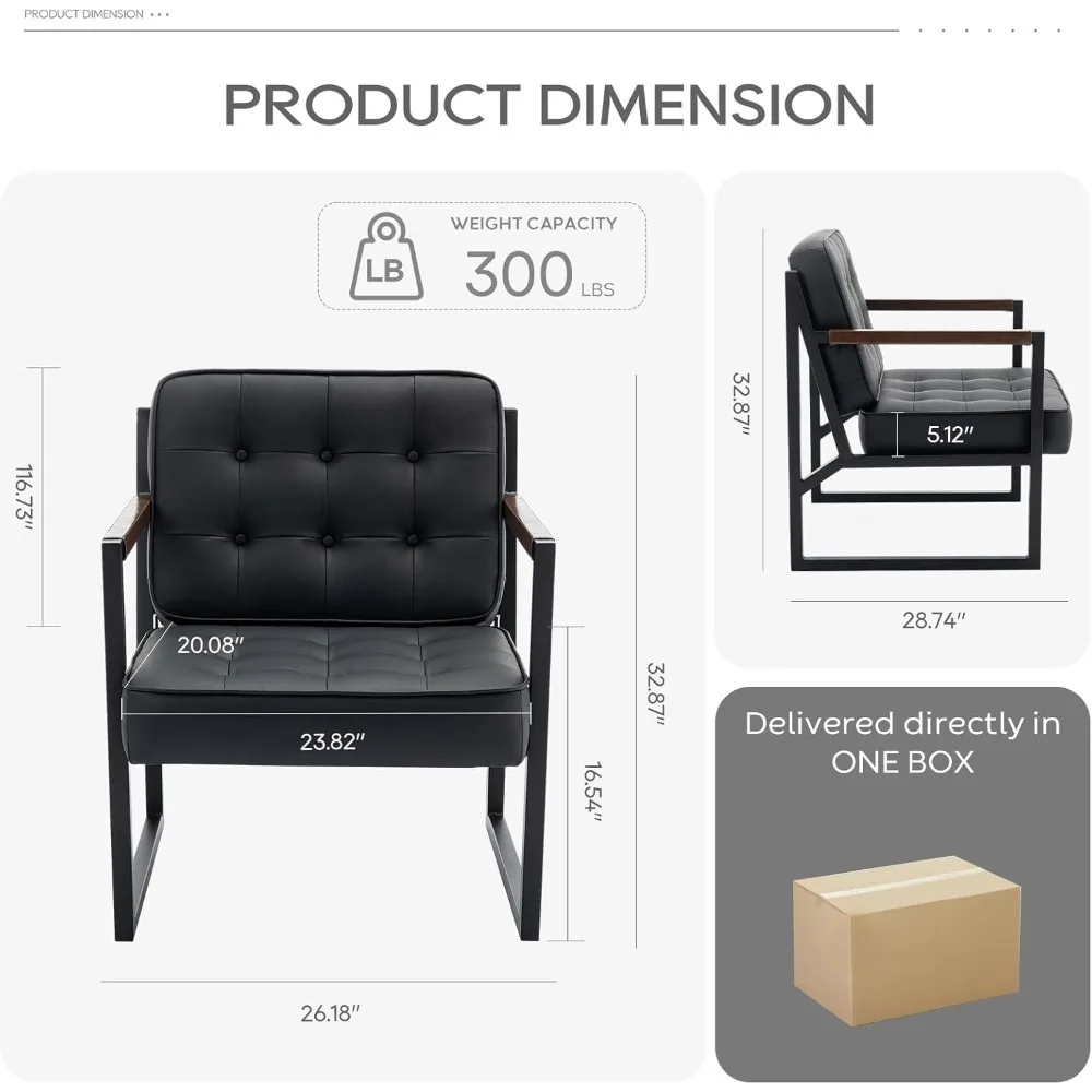 Mid-Century Modern Style Armchair Set of 2, Comfortable Living Room Chairs, Black Leather Armchair with Metal Legs, Black