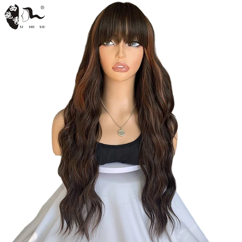 Long Natural Wave Hair Synthetic Wig With Bangs For Women Mixed Brown Hallowee Heat Resistant Fibre Natural Looking Cosplay Wigs