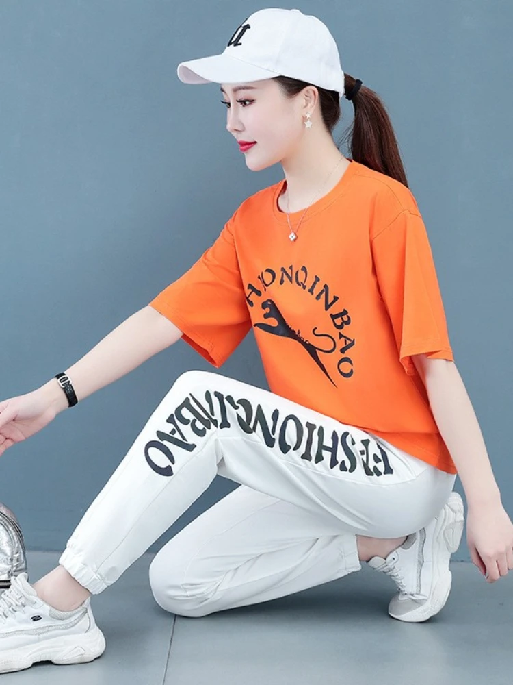 Fashion Dance Sports Suit 2022 New Short Sleeves T-shirt Sweat Pants Western Style Casual Two Pieces Sets Female Suits