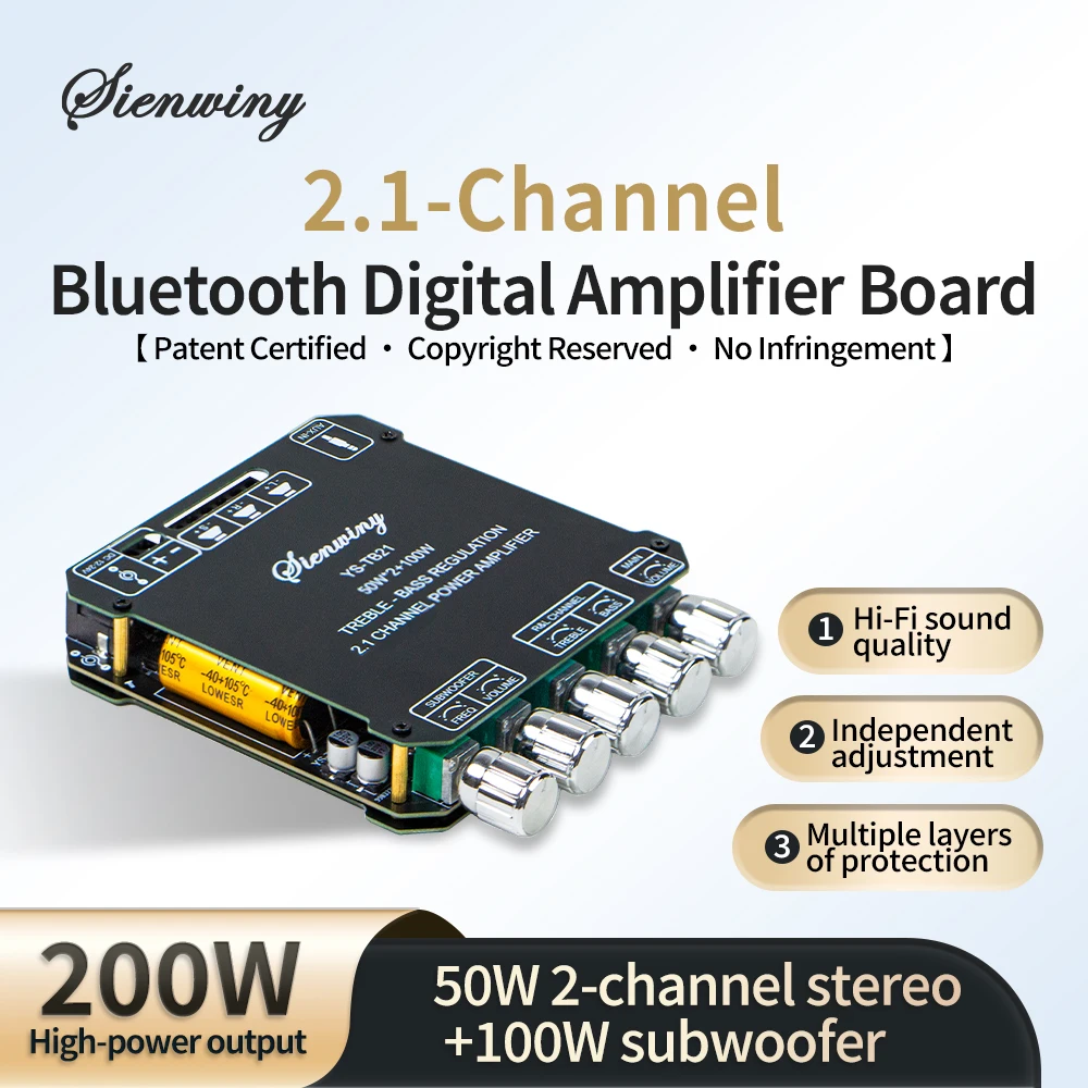 Sienwiny 2.1 Channel Bluetooth Amplifier YS-TB21 Hi-Fi Audio Board 200W Output Subwoofer AUX Treble Bass Control