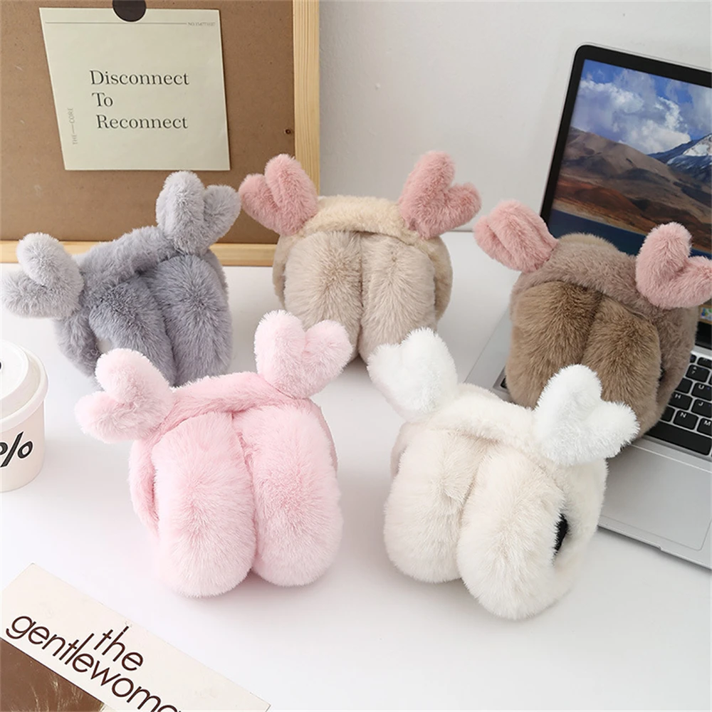 Women's Winter Warm Earmuffs Fluffy Rabbit Fur Thickened Muffs Foldable Headphone Plush Ear Cover Cute Antler Decoration Earlap