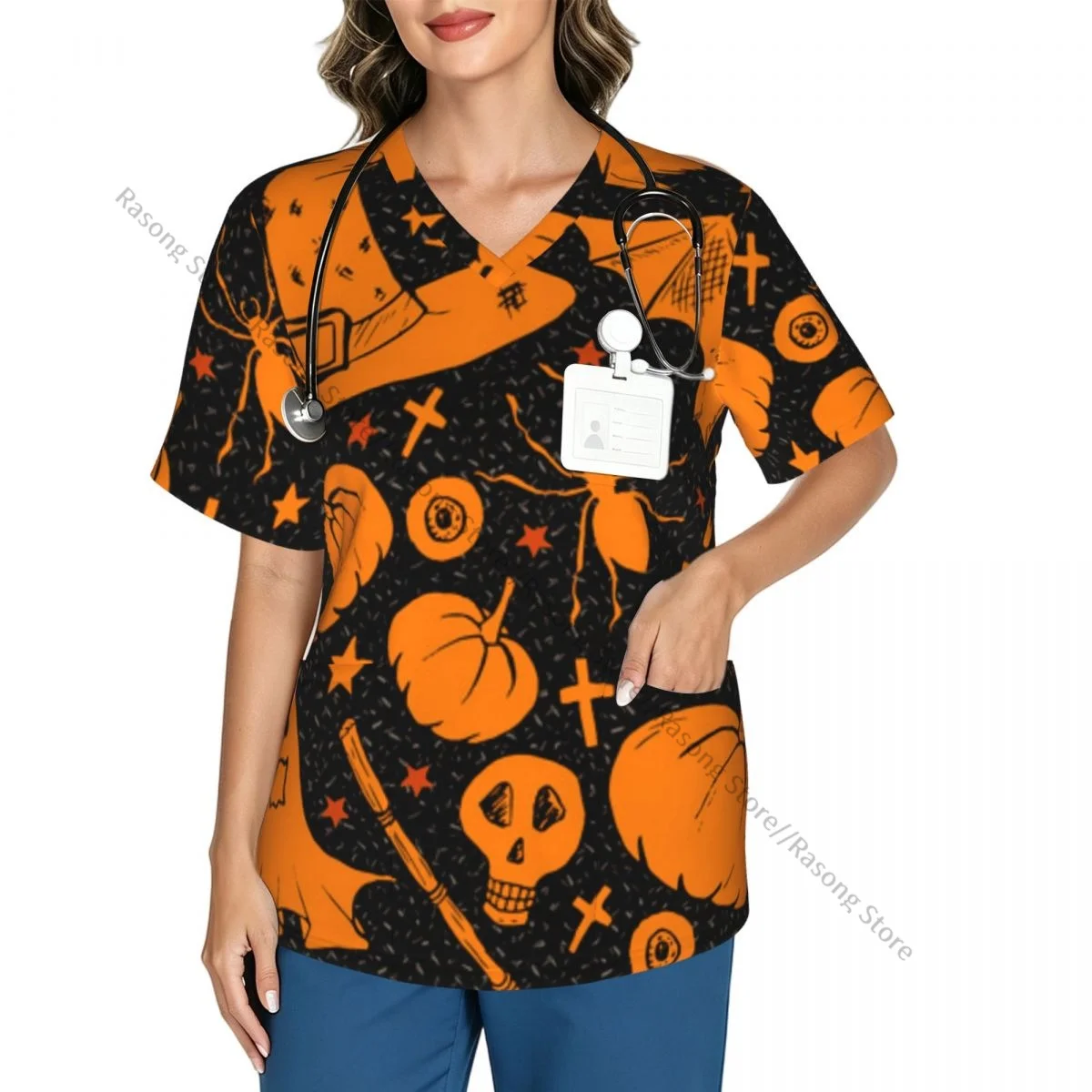 Women Scrubs Blouse Medical Nurse V-neck Clinical Scrubs Top Halloween Mushrooms With Hat Bat Pumpkin Work T-shirt