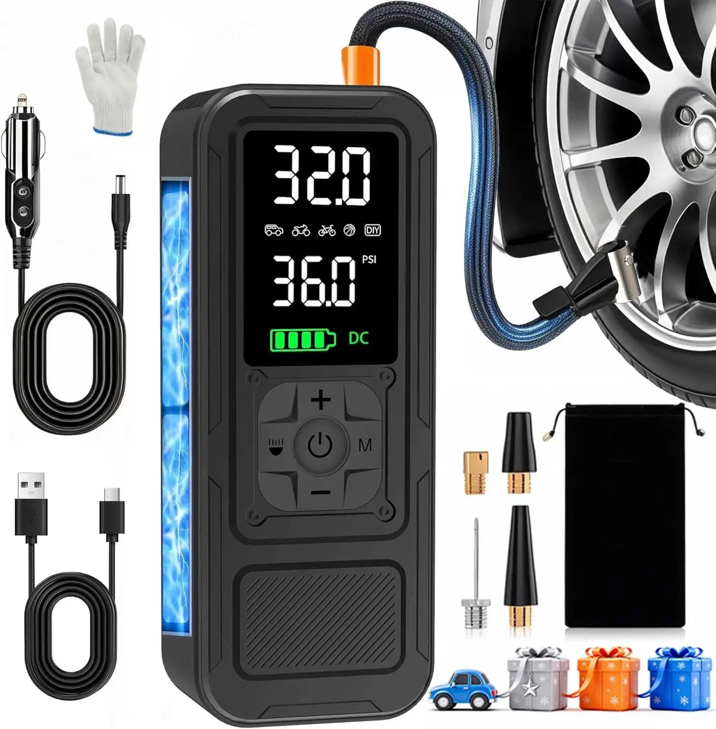 

Portable Air Compressor, 4X Faster Inflation, 6000mAh Cordless/12V DC 150PSI Pump with Digital Gauge for Car, Motorcycle, Bike
