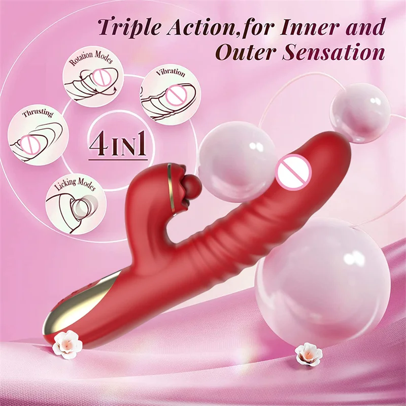 Telescopic Rotating Rabbit Vibrator 4 in 1 Licking Vibrator Dildo Female Vaginal Clitoris G-spot Stimulator Orgasm Sex Toys