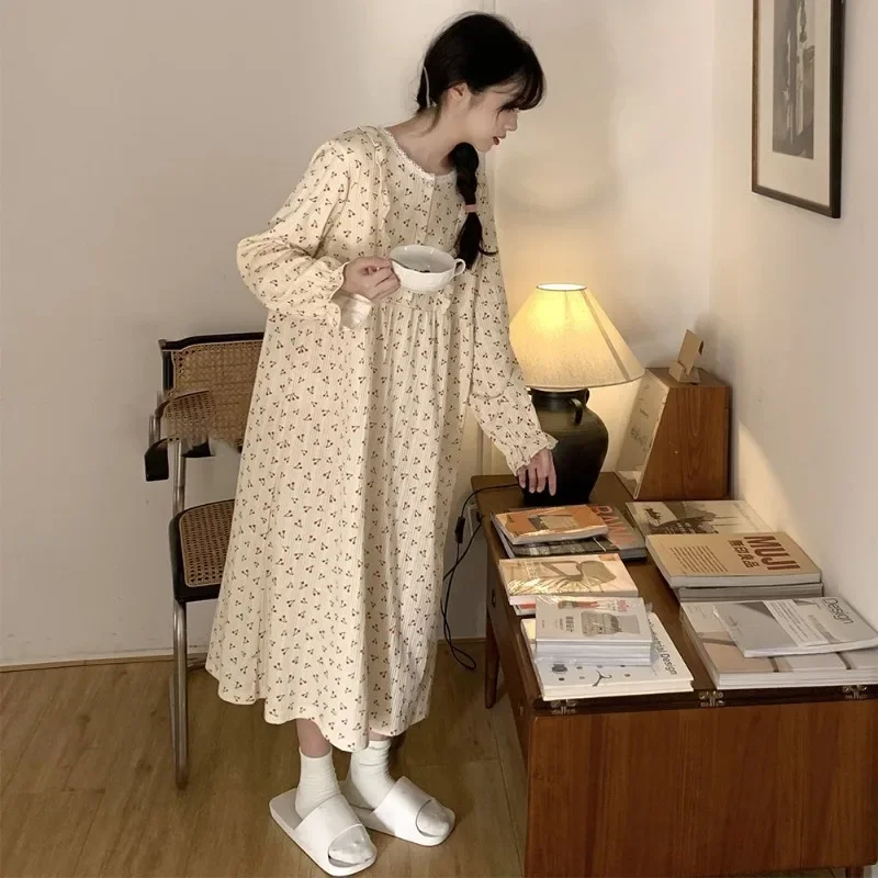 Cherry Print Women Nightgown Korean Sleepwear O-neck Nightwear Fashion Night Dress Long Sleeve Lace Autumn One Piece Pajamas New