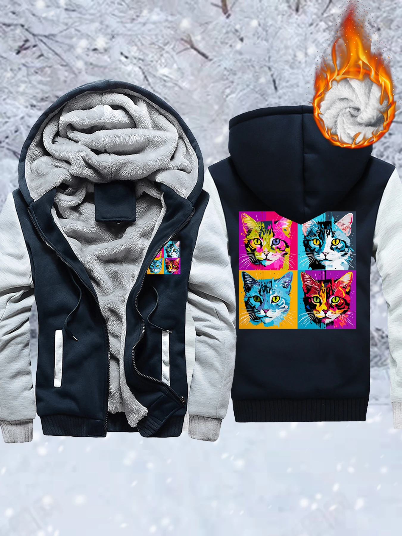 

Красочная картина маслом, кошка, четыре дворца, сетчатый принт, утепленная куртка, мужские зимние пальто, свободные флисовые толстовки, одежда на молнии с карманами