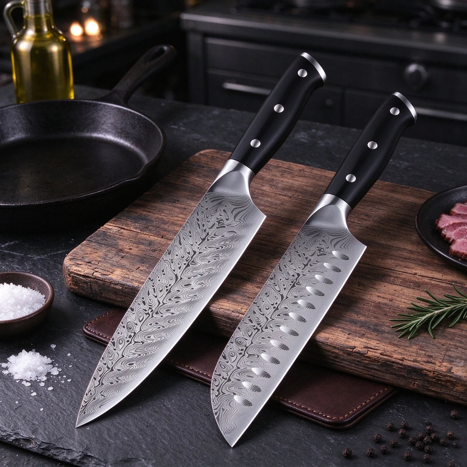 Single-piece professional Damascus steel textured chef's knife, non-slip handle kitchen knife, cooking kitchen knife set