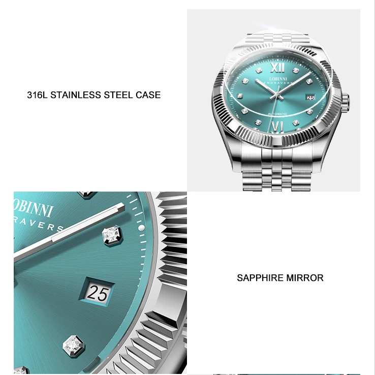 Reloj Automático LOBINNI para hombre, reloj de pulsera mecánico de lujo de 40mm, luminoso, resistente al agua hasta 50M, zafiro Miyota 8215 con fecha