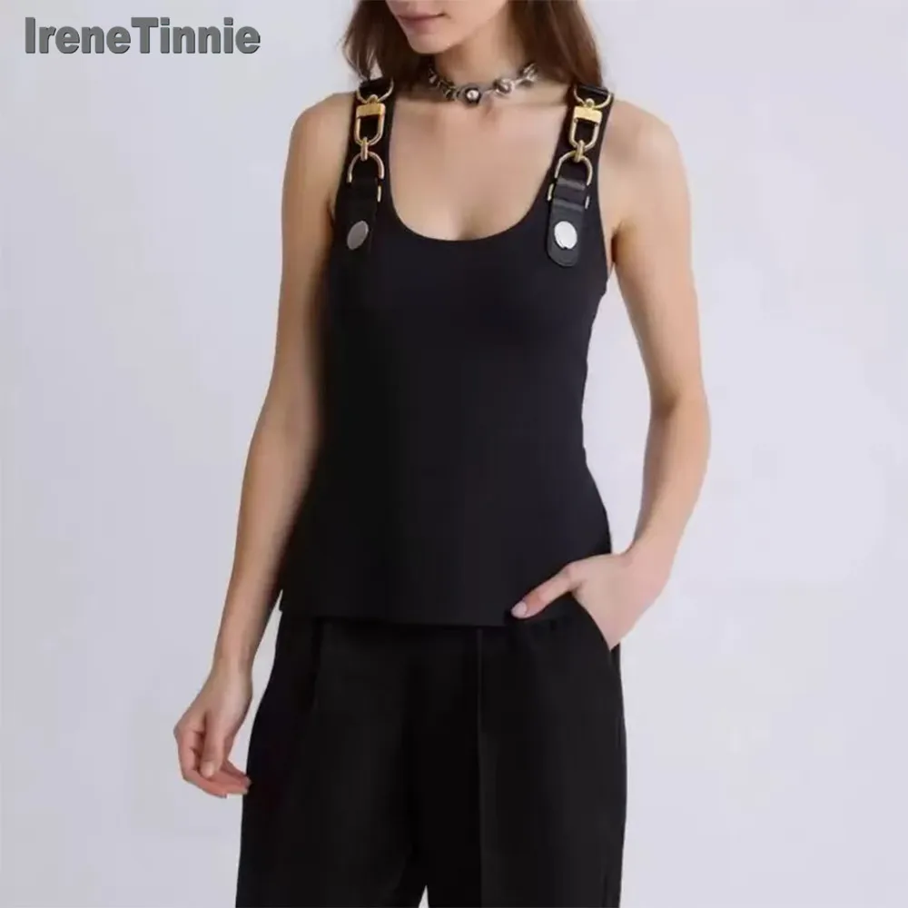 

IRENE TINNIE Retro Streetwear Tops for Women Square Collar Sleevelesss Patchwork Metal Buckle Waistcoat Female Summer Clothing