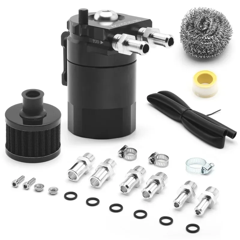 Fuel Tank Engine Polish Baffle Car Universal Oil Catch Can Kit with Adapter Black 300ml Aluminum Oil Catch Can Kit Reservoir
