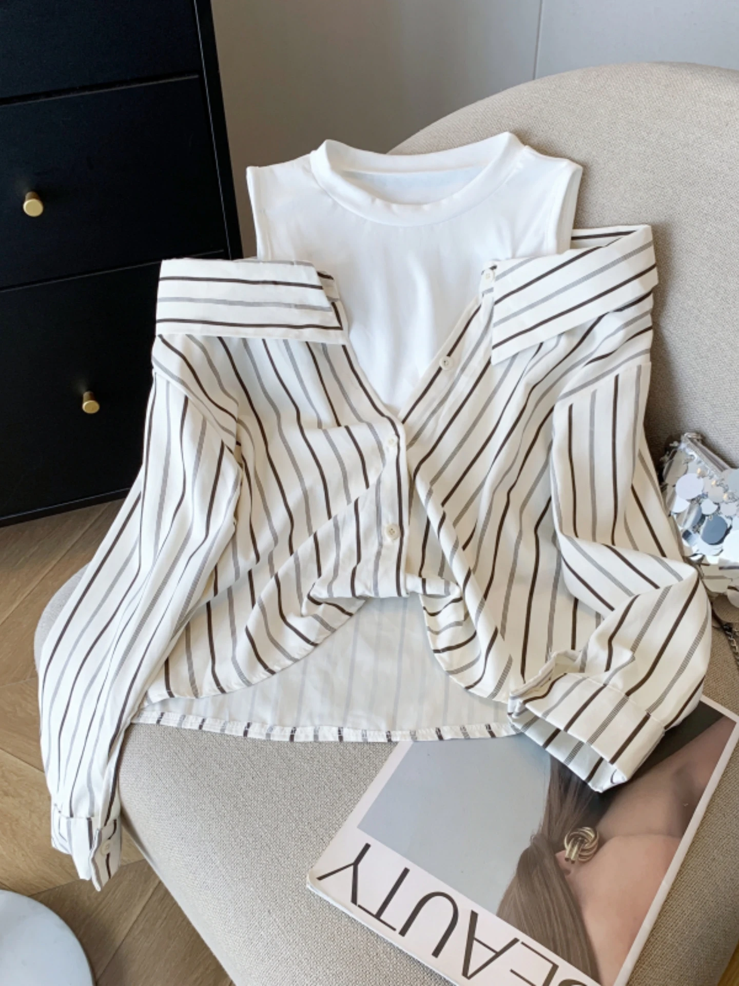 

Shoulder Bared Striped Long Sleeve Shirt Women's Early Spring New Style plus Size Fashionable Slimming Trendy Two Piece Vest Top