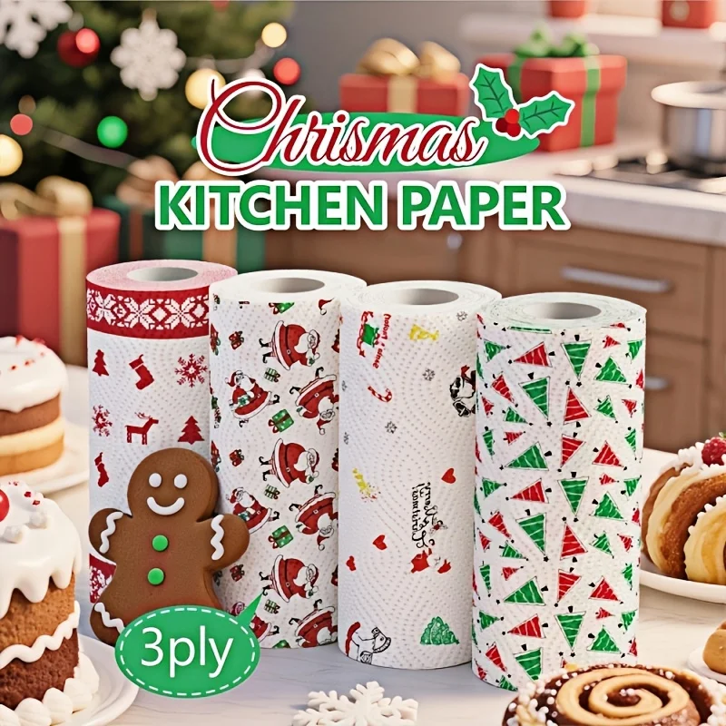 3-Ply Thickened Christmas Paper Towels, Disposable Kitchen Cleaning Napkins, Wet Dry Dual Use Tissue, Home Holiday Supplies Gift