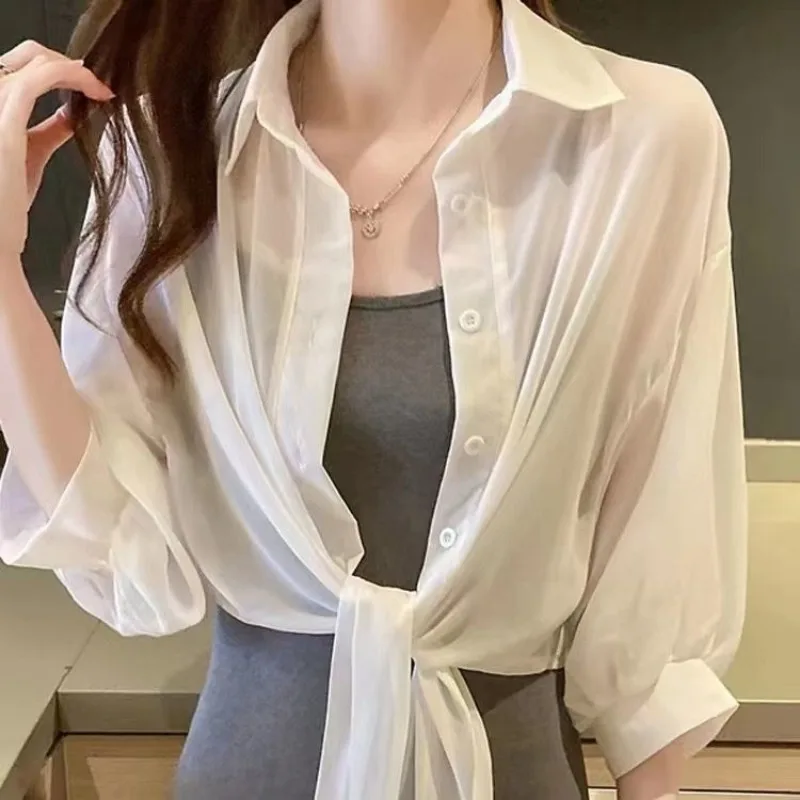 618 Women Clothes Casual Fashion Simplicity  Trend Solid Color Turn-down Collar half Sleeve Women Shirts Shawl Single piece top