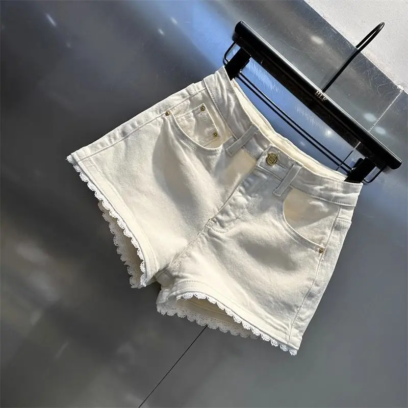 韓国風スプライスレースデニムショートパンツ レディース 2025デザイン ハイウエストゴム入り万能ホットパンツ