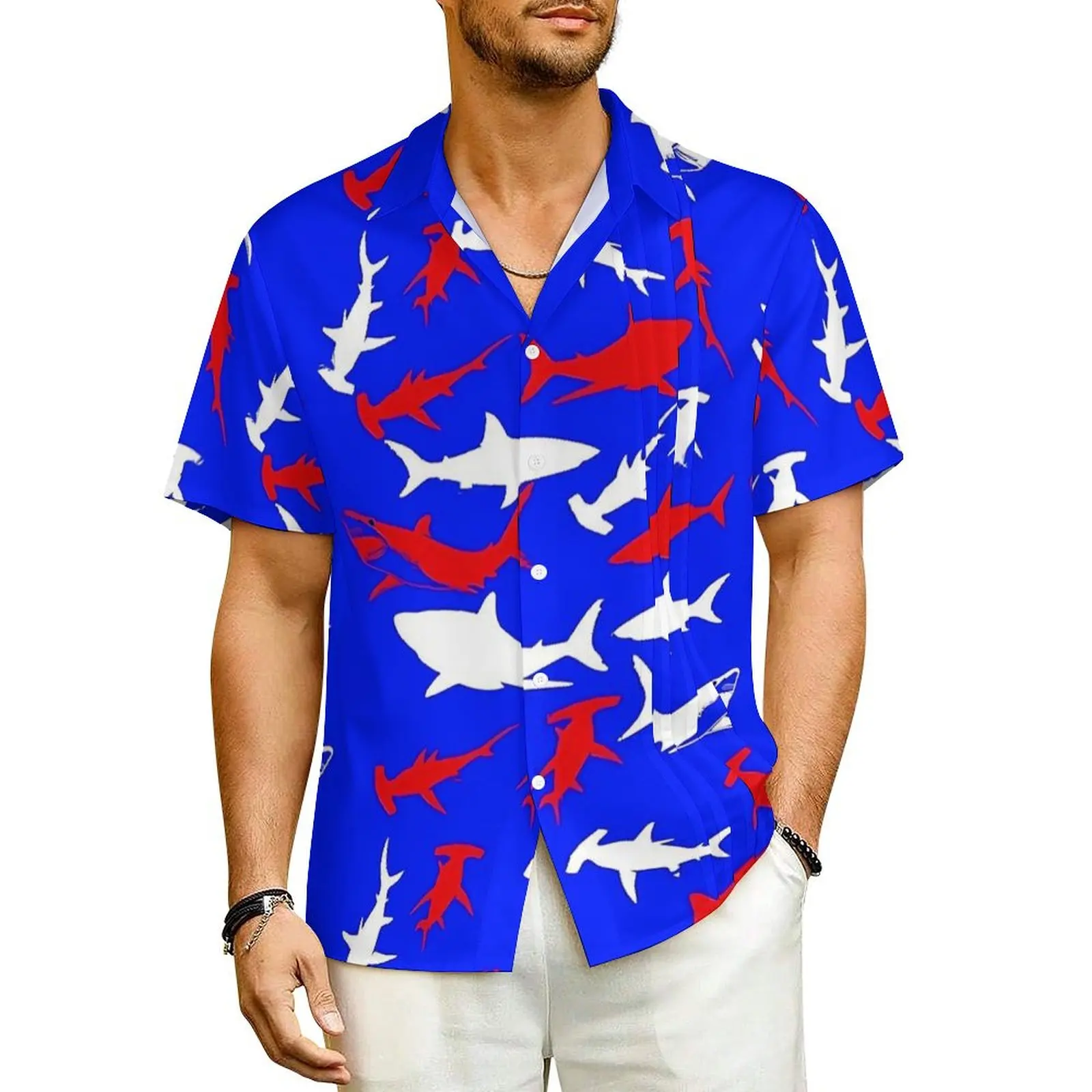 

Colorful Sharks Hawaiian Shirt For Man Beach Animal Silhouette Casual Shirts Short Sleeve Breathable Retro Oversized Blouses