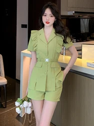 Fashion Office Elegant 2 Pieces Outfits Suits Women Temperament Vintage Sweet Tops Coat Blazer Suit Shorts Pant Slim Sets Summer