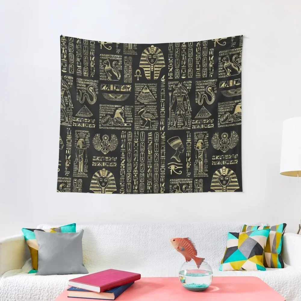 

Egyptian hieroglyphs and deities gold on black Tapestry Decoration Wall Decoration For Bedroom Wall Art Tapestry