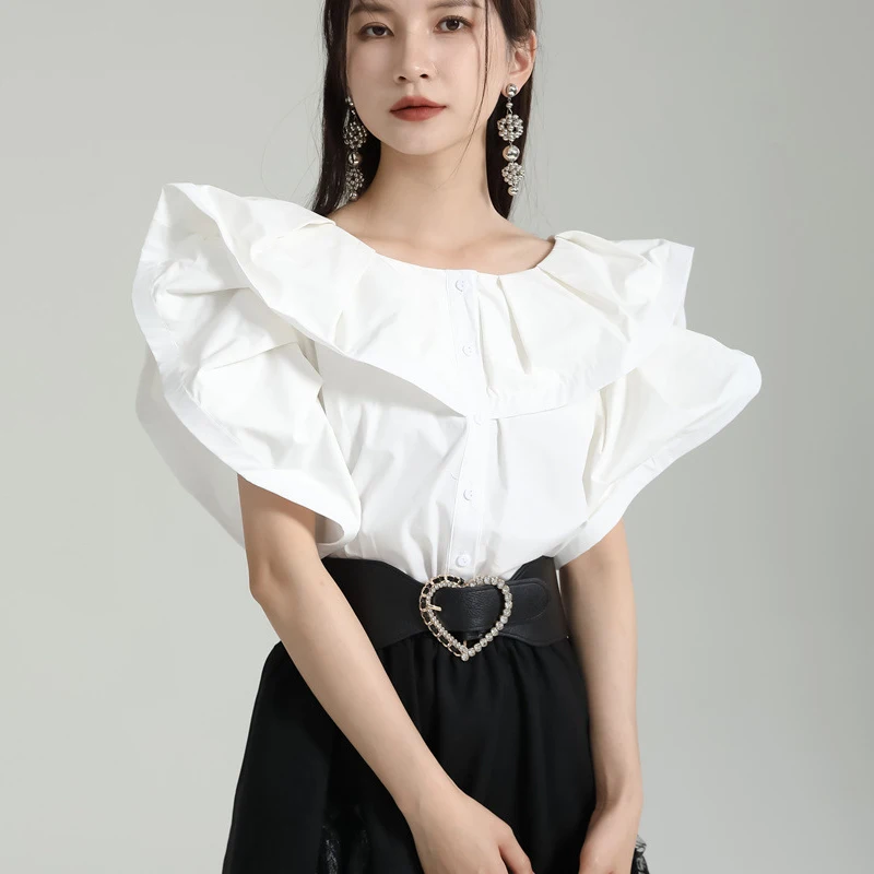 

Johnature Summer New Women Ruffles Flying Sleeves Shirts 2024 Fashion Casual Loose Thin Crewneck Solid Color Female Tops