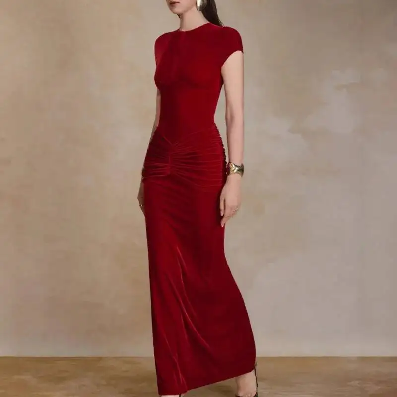 TLXT Moda Donna Elegante Abito da Sera in Velluto a Pieghe Vino Rosso Slim Fit Girocollo One-Step Manica Corta Primavera Nuovi Abiti