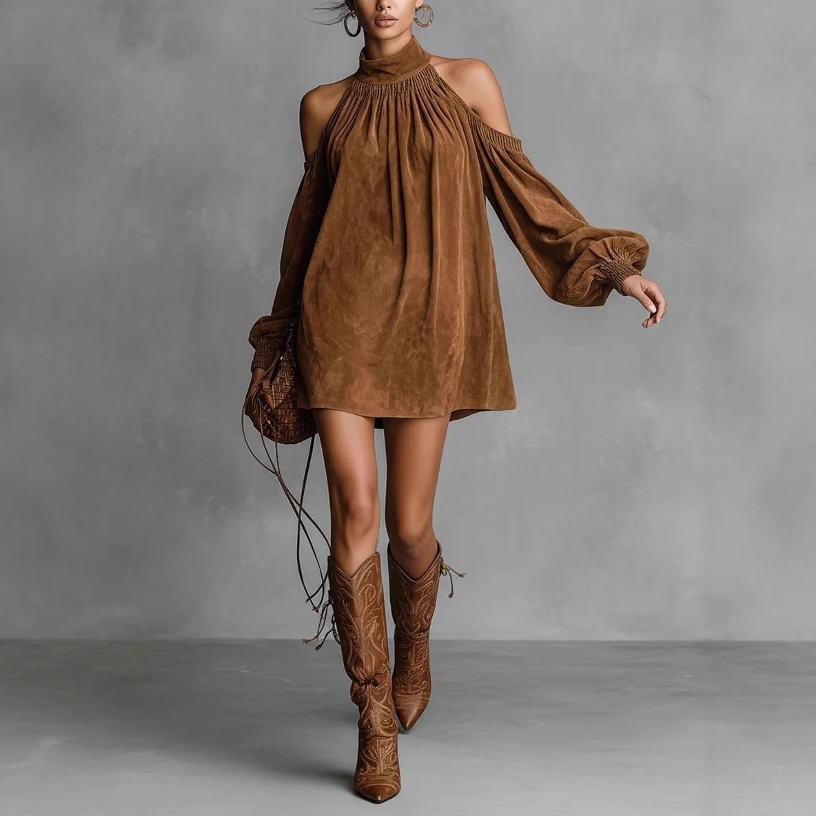 

2025 Autumn and Winter Suede Fashion Semi-turtleneck Neck Dress Lantern Sleeve Off-the-shoulder Mini-skirt