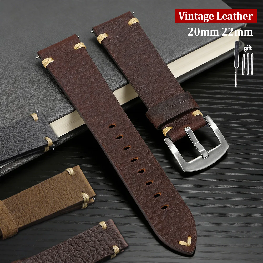 

20mm 22mm Vintage Brown Bracelet Cowhide Watch Band Handmade Stitching Leather Strap for Panerai for Seiko Smartwatch Wristband