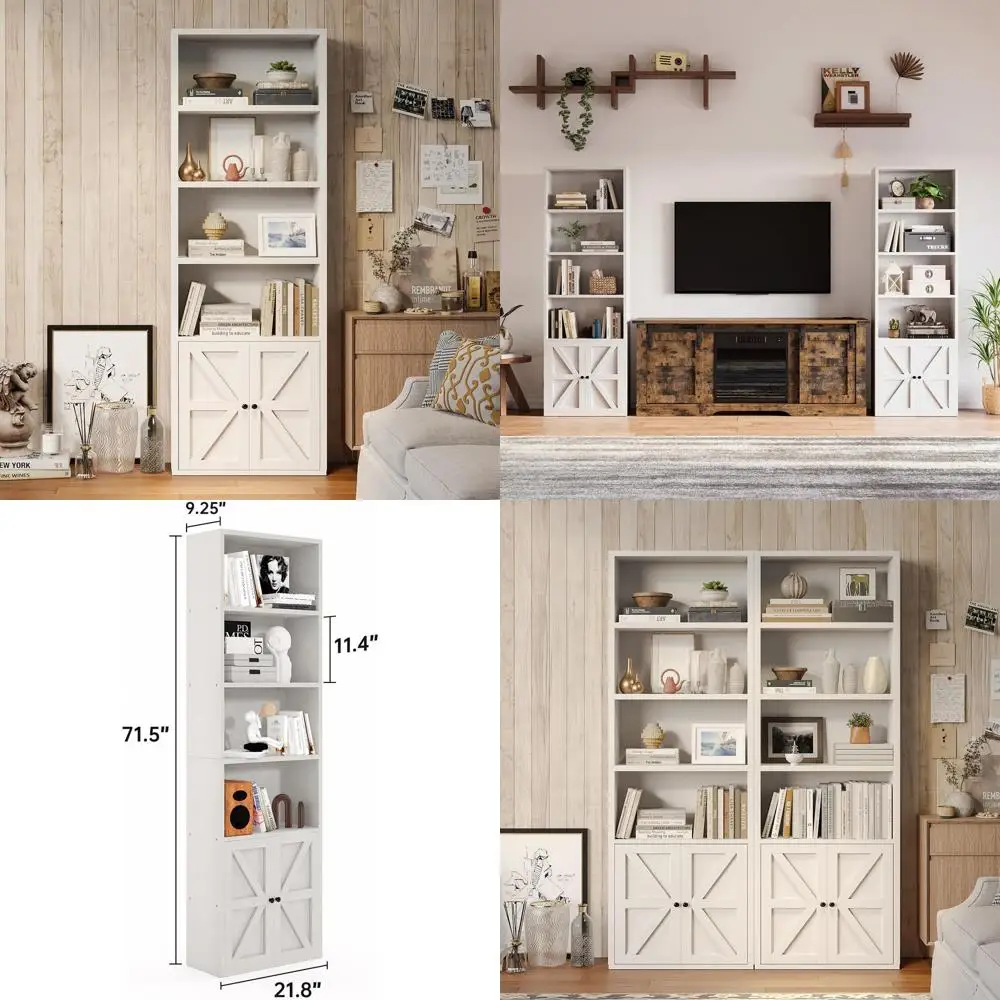 71 White Modern Tall Wooden Bookshelf with Doors, Storage Organizer, Floor Standing Display Cabinet for Home Office, Living Room