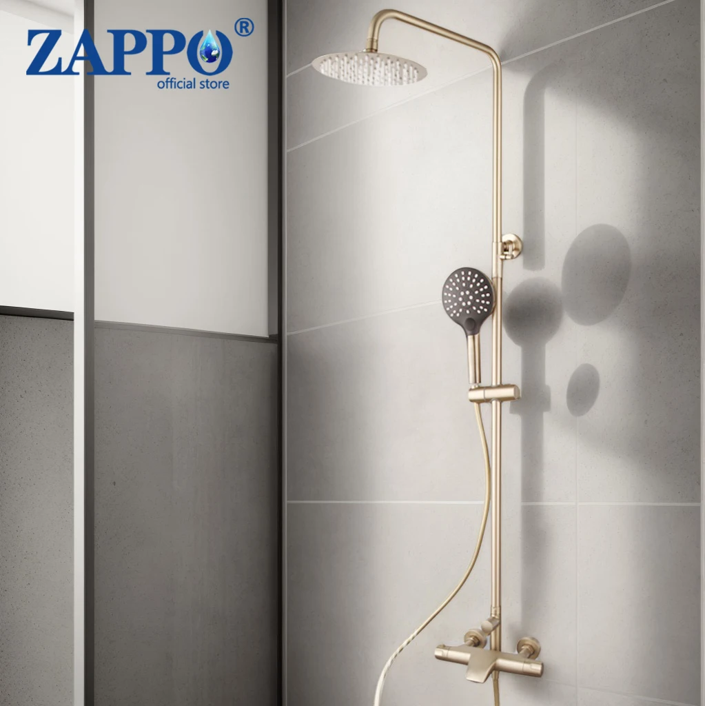 

ZAPPO Brushed Gold Thermostatic Shower Set Brass Bathroom Shower System with Rainfall Head & Handheld Shower Faucet Luxury