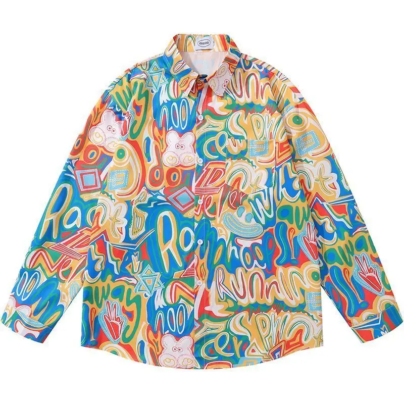 Colorful Abstract Art Print Button Up Shirt - Vibrant Cartoon Bear Graphic Long Sleeve Blouse for Trendy Street Style Large Size