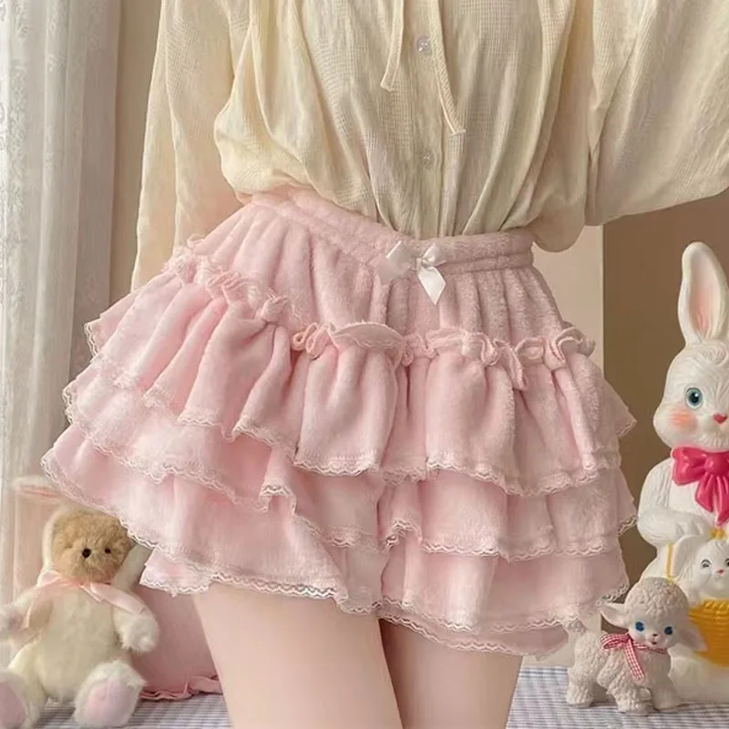 Harajuku Sweet Lolita Shorts Skirts Autumn Winter Plush Bloomers Y2k Japanese Kawaii Knickers Women Lace Bow Safety Short Pants