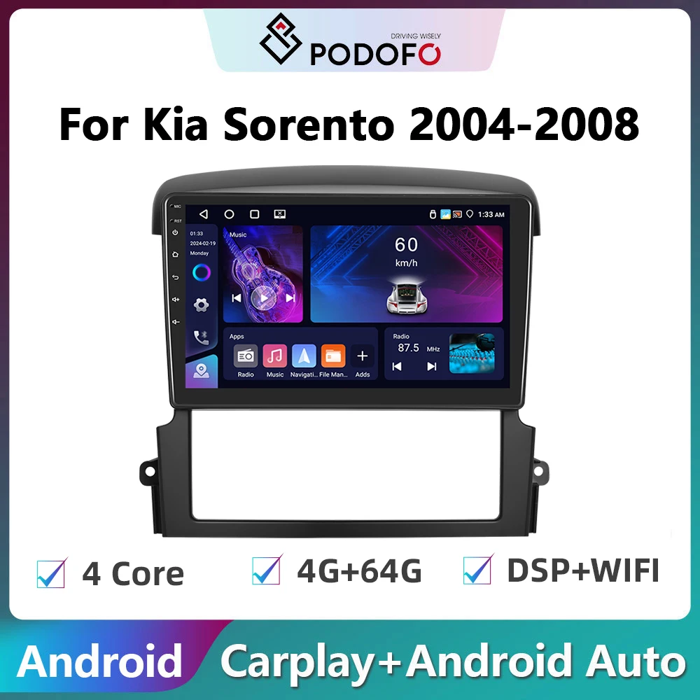 Podofo For Kia Sorento 2004-2008 Android Car Radio 2Din Multimidia Video Player GPS Navigation Carplay Auto Stereo Head Unit