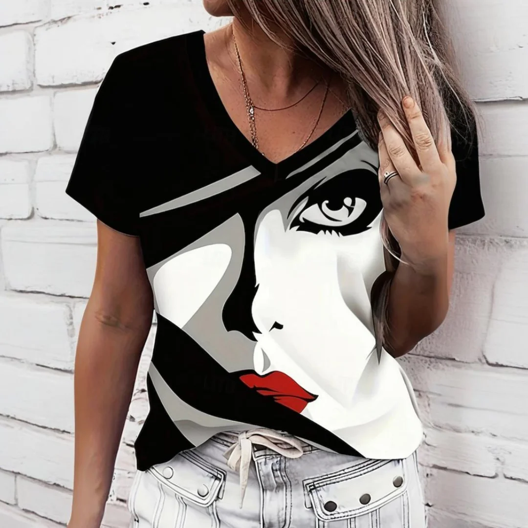 

Cartoon Ladies V-neck T-shirt Summer Outdoor Casual Short Sleeve Tops 3D Character Printing Plus Size Women's Clothing