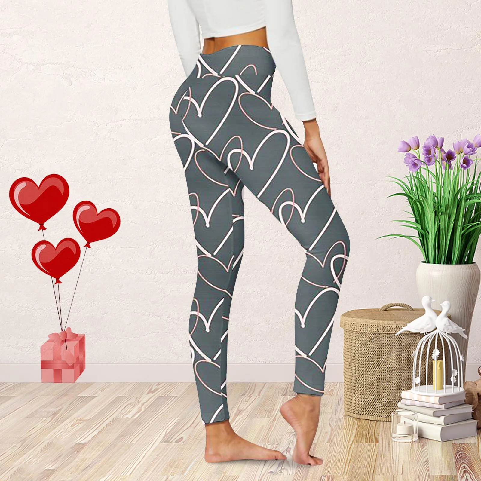 Legging motif hari Valentine wanita, Legging rumah kasual Yoga, celana ketat olahraga bermotif hati cinta, Legging nyaman wanita