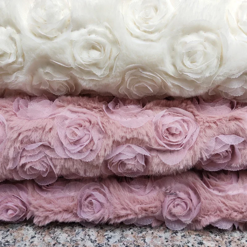 

1/2/3 Meter Rabbit Velvet Rose Embroidered Plush Fabric PV Velvet 3D Rose Thick Faux Fur Fabric For DIY Winter Coat Garment