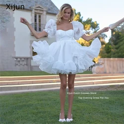 Xijun White Pink Short Wedding Dresses Organza Puff Sleeves Mini Wedding Gown for Women 2023 Bride Ruffle Sweetheart Prom Dress