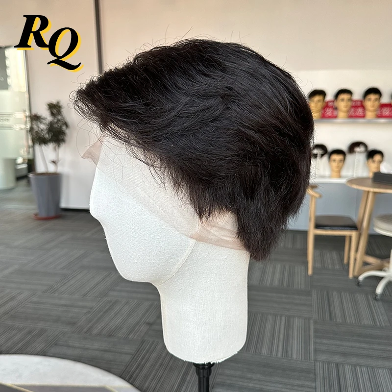 Wig laki-laki pre-styled potongan pendek Wig renda penuh untuk pria rambut palsu potongan pra-potong rambut palsu sistem pengganti rambut manusia Virgin hitam