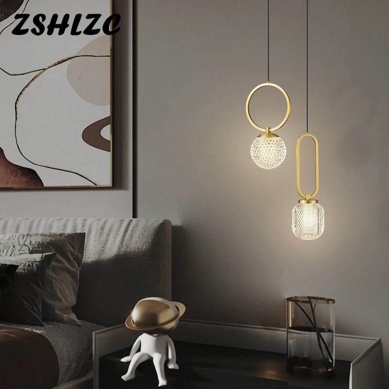 

3 Color switch Full Copper Pendant Lights Led Modern Acrylic Bedroom Bedside Light Living Room Study Round Gold Chandeliers 220V