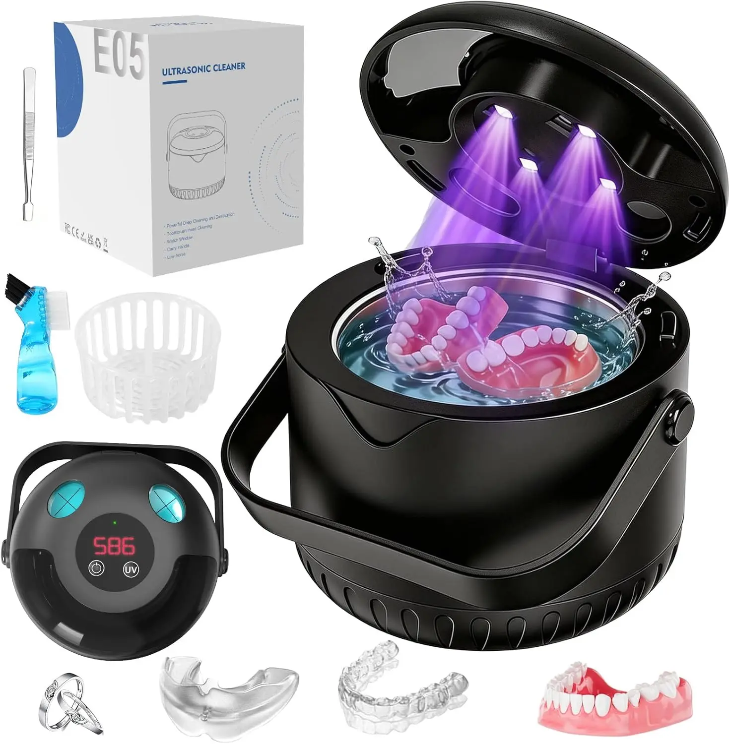 

Ultrasonic Dental Cleaner with UV Light, 45kHz for Retainers, Dentures & Jewelry, Digital Timer