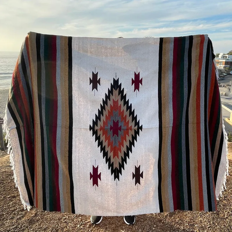 Tapeçaria pendurada com borla, estilo mexicano, cobertor de piquenique de praia ao ar livre, sofá-cama, viagem de avião