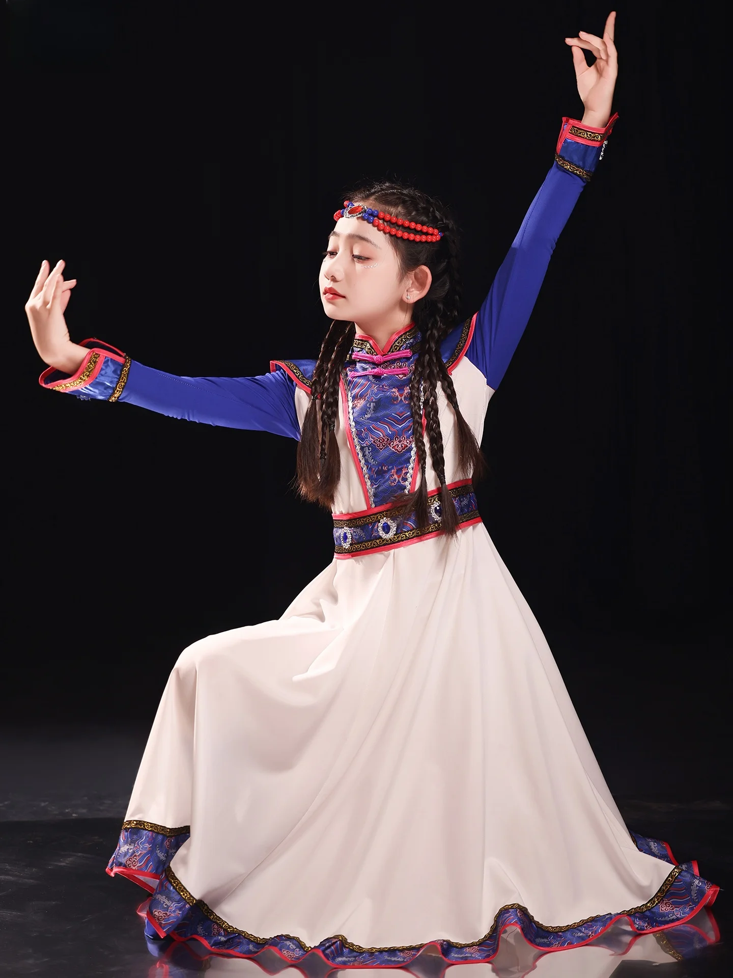 

Children's Mongolian Ethnic Costume White Robe Dance Performance Outfit Prairie Skirt Female Toddler National Tujia Clo...