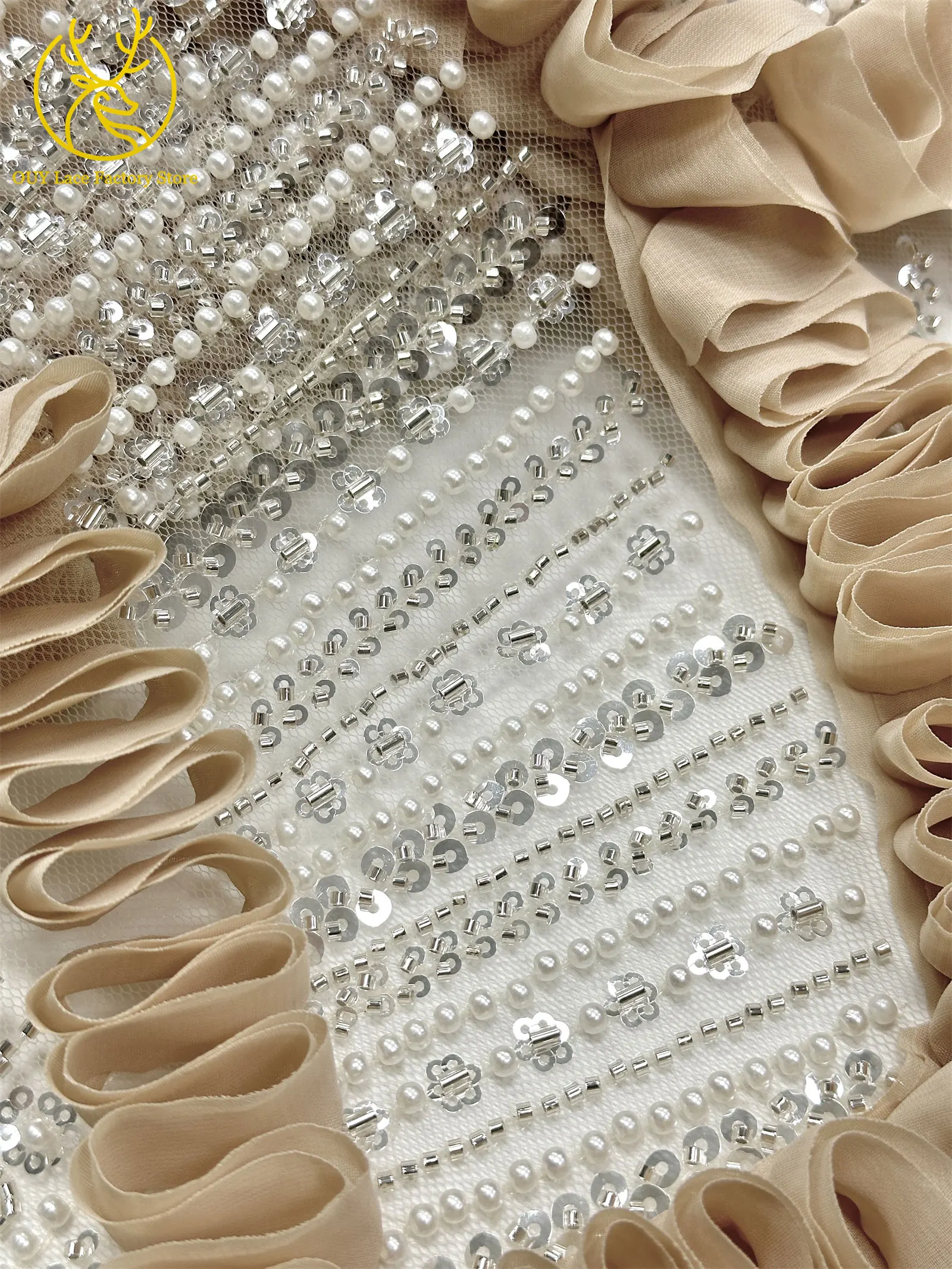 3D High-End Französischer Mesh-Stoff mit Stickerei und Perlen, Spitzenstoff 2026, Hochwertiger Afrikanischer Pailletten-Tüll für Hochzeitskleider zum Nähen – Detail 15