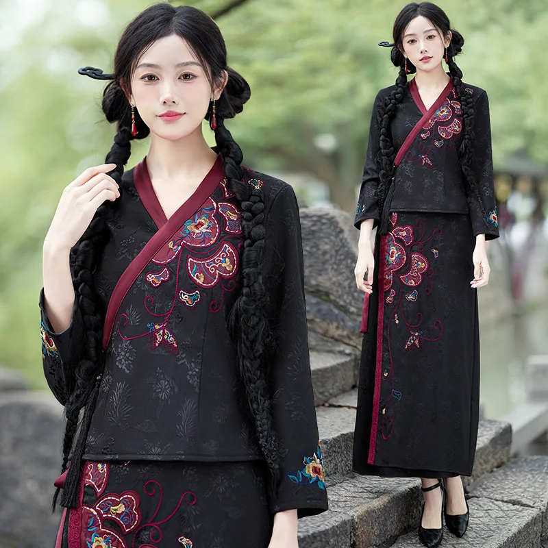 

YOUDEYISI New Chinese Hanfu Diagonal Placket Velvet Medium Jacquard Embroidery Tang Suit Ethnic Style Top Hanfu Set